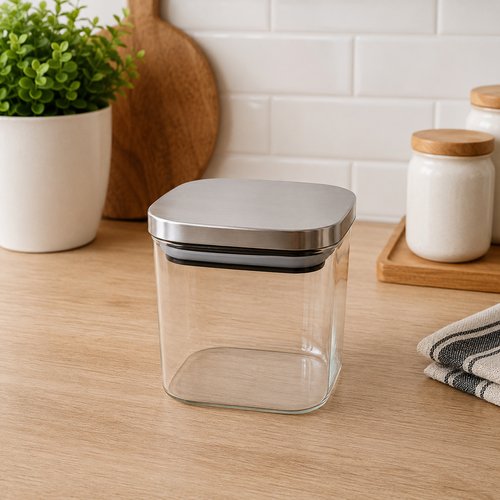 Pote Hermético Quadrado Vidro Com Tampa de Inox 700ml